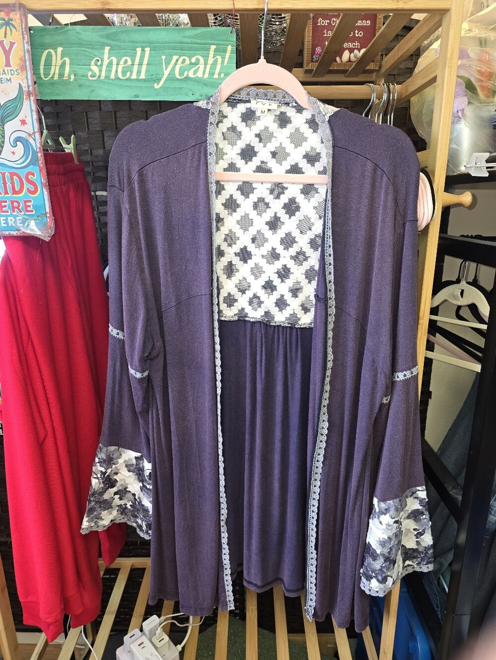 #0696 Medium POL Open Cardigan Purple/Blk & Wht Lace Bell Slvs 26"PTP 32.5"Long